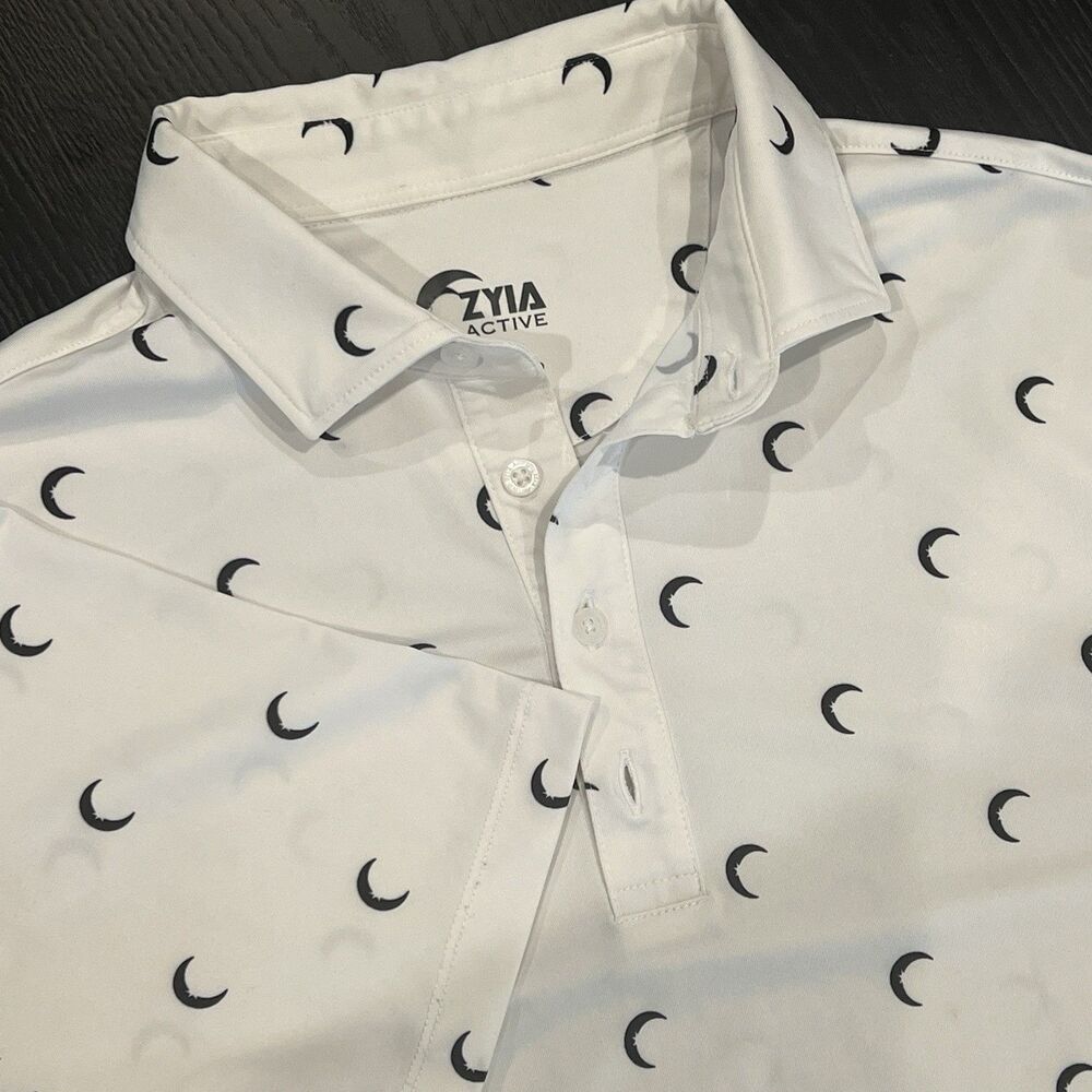 Zyia Active Polo Mens Medium White Black Moon Performance Stretch Comfortable